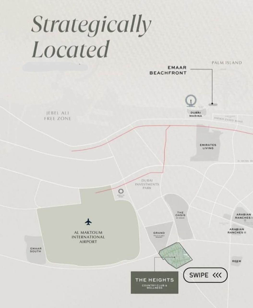 Strategic location map showing The Heights Country Club & Wellness position near Al Maktoum International Airport